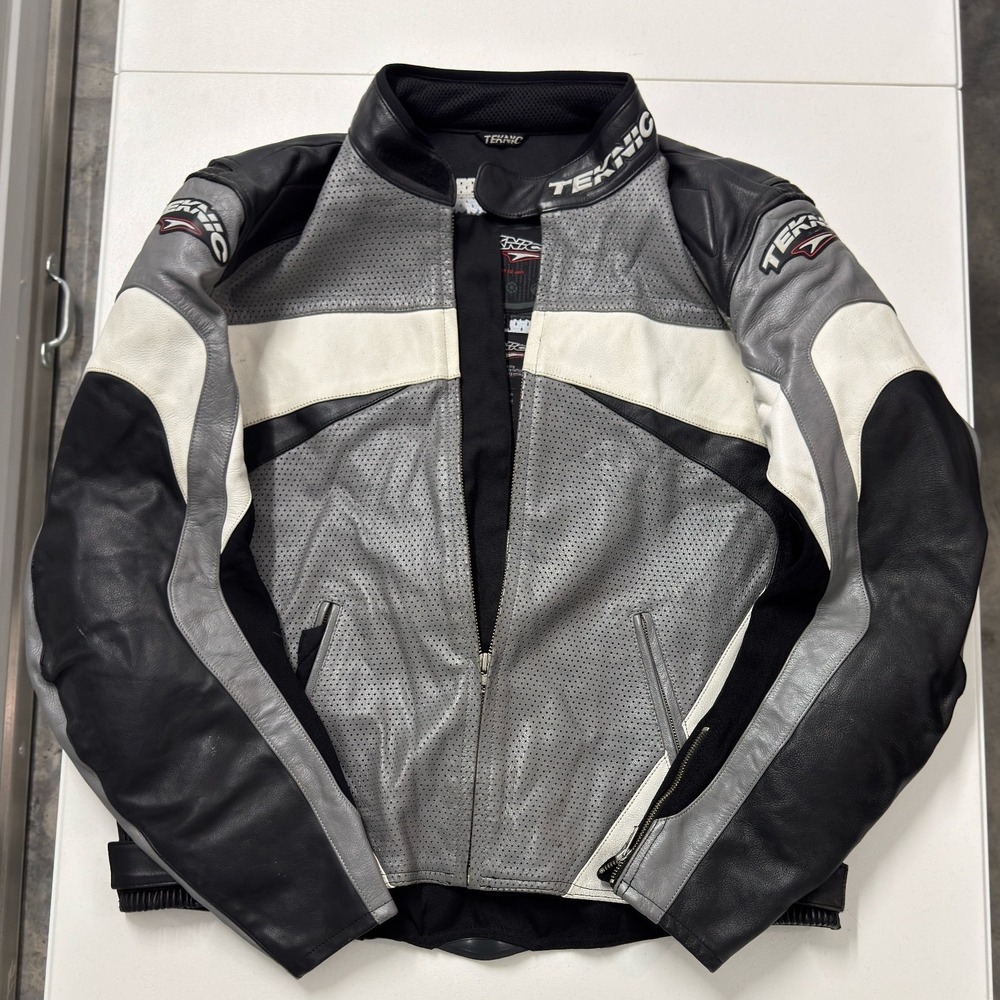Teknic Motorcycle Jacket Mens 44 Black Grey White Excellent Padded Leather Moto